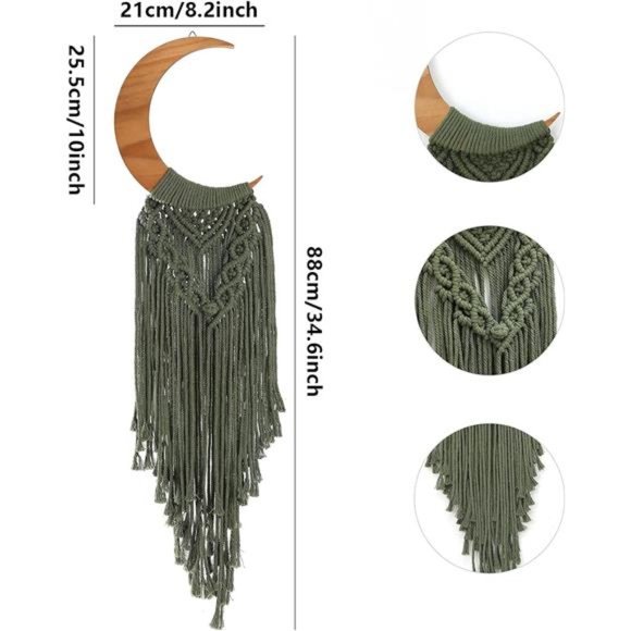 Macrame Wall Hanging Boho Moon Decor, Bohemian Crescent Wooden Ornament - Picture 6 of 7